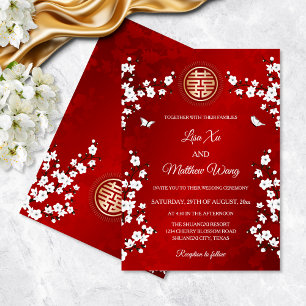 White Cherry Blossom Red Chinese Wedding Invitation
