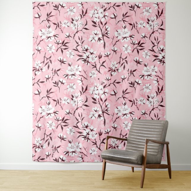 White cherry blossom tapestry (In Situ)