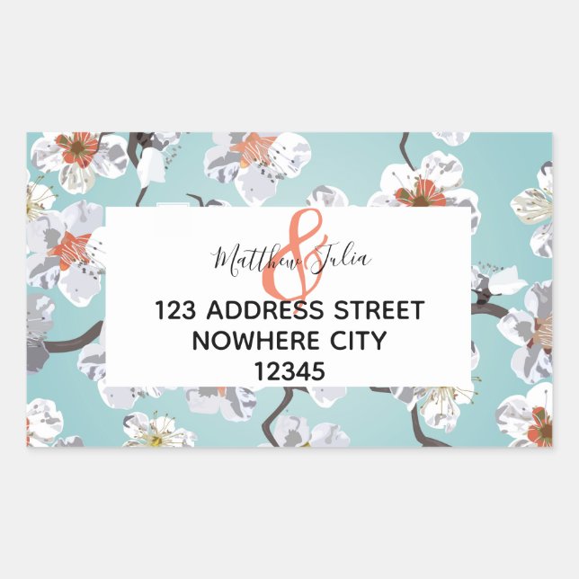 White Cherry Blossom Wedding or Engagement Rectangular Sticker (Front)