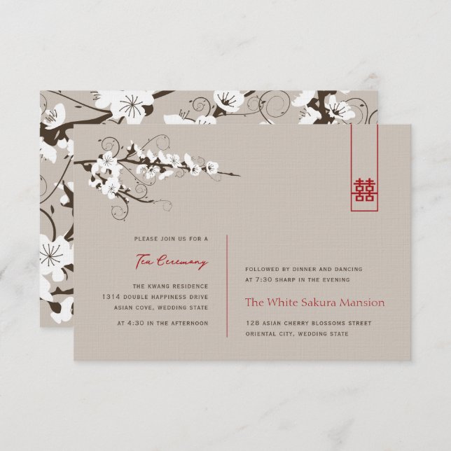 White Cherry Blossoms Asian Wedding Reception Invitation (Front/Back)