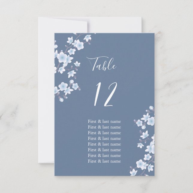 White Cherry Blossoms Dusty Blue Place Card (Front)
