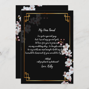 white Cherry Blossoms &gold  will be my bridesmaid Invitation