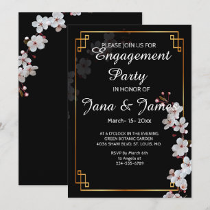 white Cherry Blossoms &golden Frame Engagement Invitation
