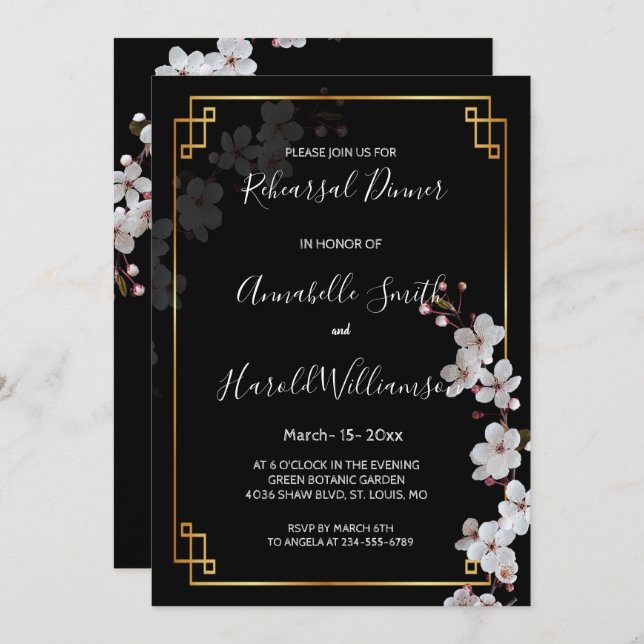 white Cherry Blossoms &golden Frame Rehearsal Dinn Invitation (Front/Back)