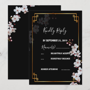 white Cherry Blossoms &golden Frame RSVP Invitation