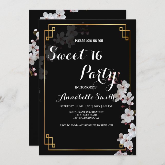white Cherry Blossoms &golden Frame sweet 16 Invitation (Front/Back)