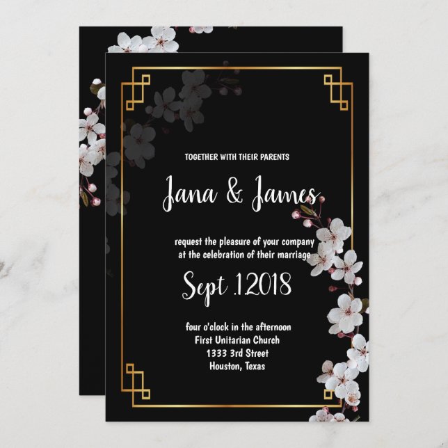 white Cherry Blossoms &golden Frame wedding Invitation (Front/Back)