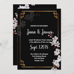 white Cherry Blossoms &golden Frame wedding Invitation