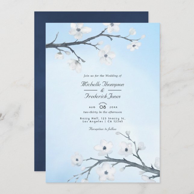 White Cherry Blossoms  QR Code RSVP Wedding Invitation (Front/Back)