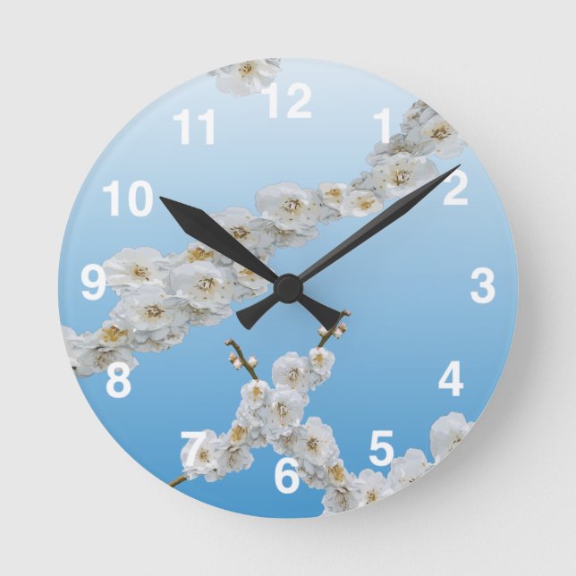 White Cherry Blossoms Round Clock (Front)
