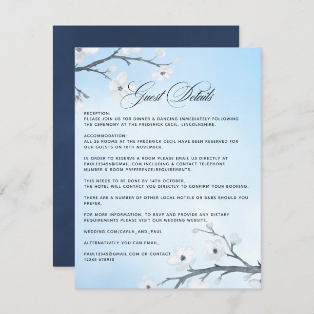 White Cherry Blossoms Wedding Guest Details Enclos Enclosure Card (Front/Back)