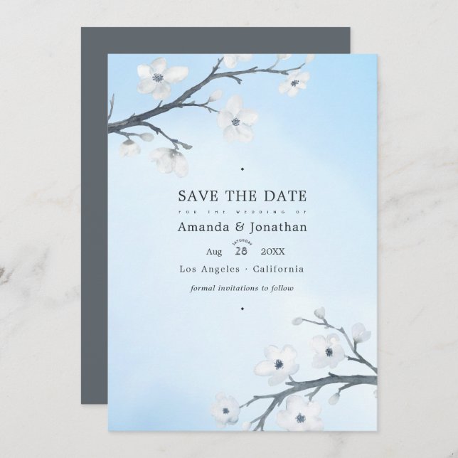 White Cherry Blossoms Wedding Photo Save The Date (Front/Back)