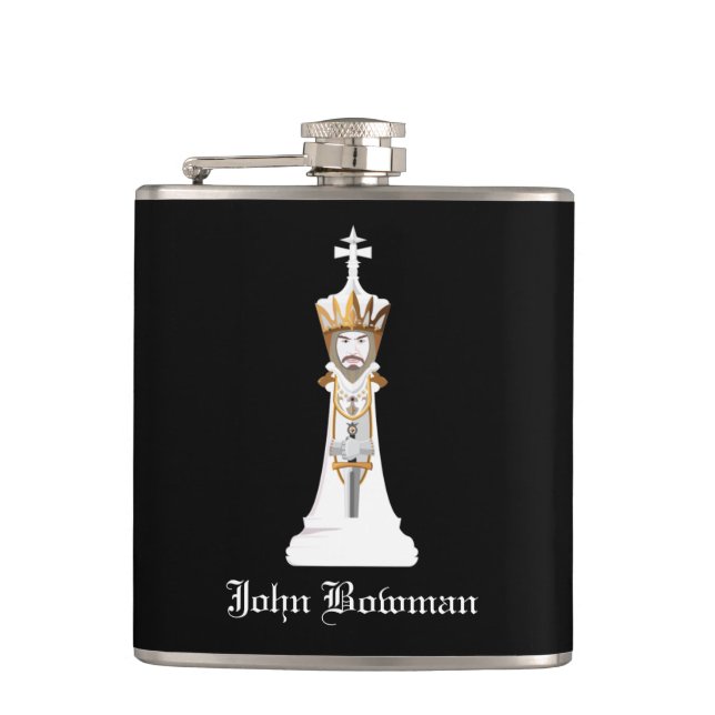 White Chess king / Personalised Name Hip Flask (Front)