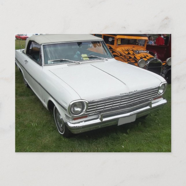 white chevy 1963 nova with chrome front view postcard (Front)