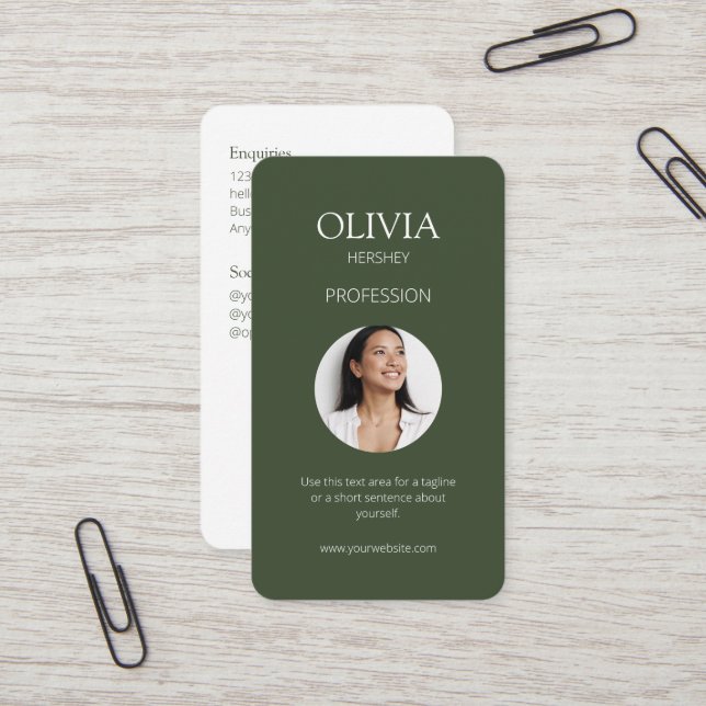 White / Chic Dark Sage Green Photo Social QR Code  Business Card (Front/Back In Situ)