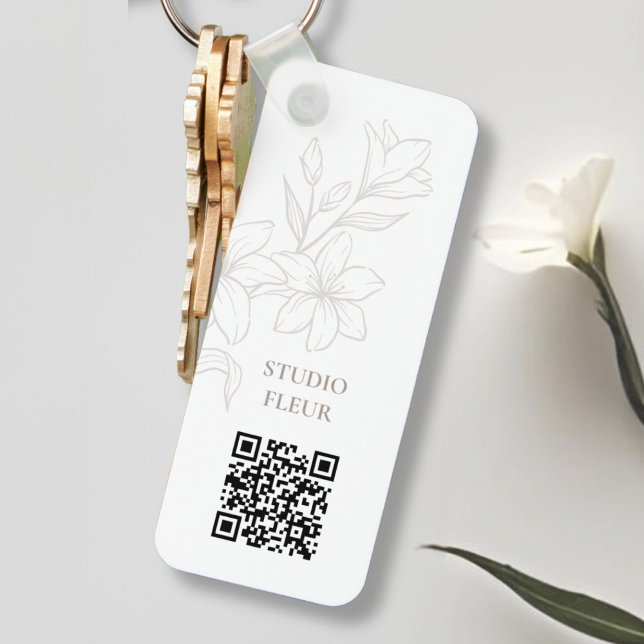 White | Chic Minimal Floral QR code Key Ring (Creator Uploaded)