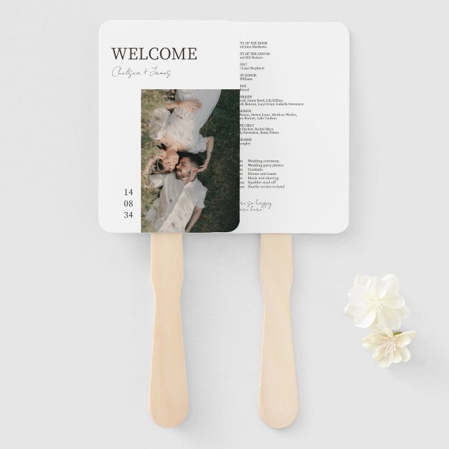 White | Chic Modern Photo Wedding Program Hand Fan (Front and Back)