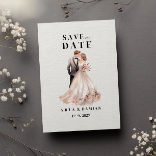 White chic pink floral couple photo Save the Date Invitation