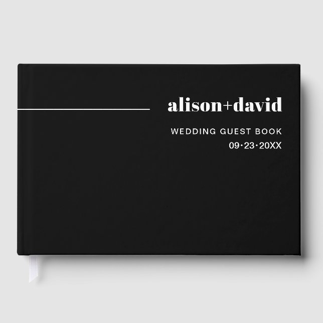 White chic typography black minimalist wedding guest book (Front)
