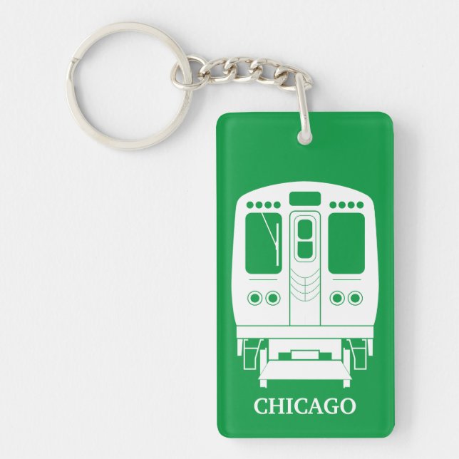 White Chicago “L” Profile on Green Background Key Ring (Front)