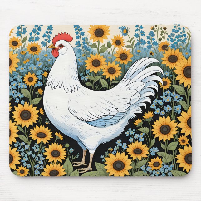 White Chicken and Sunflowers Mouse Pad (Front)