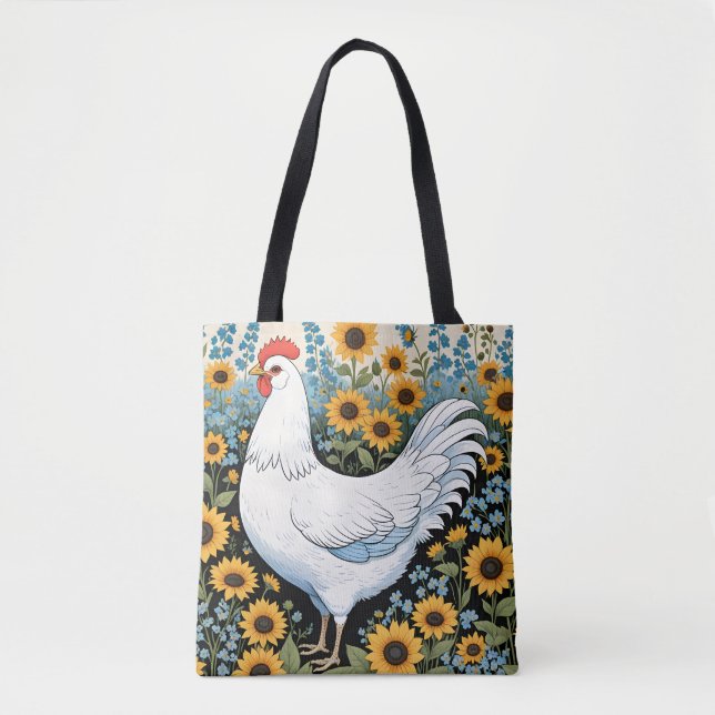White Chicken and Sunflowers Tote Bag (Front)