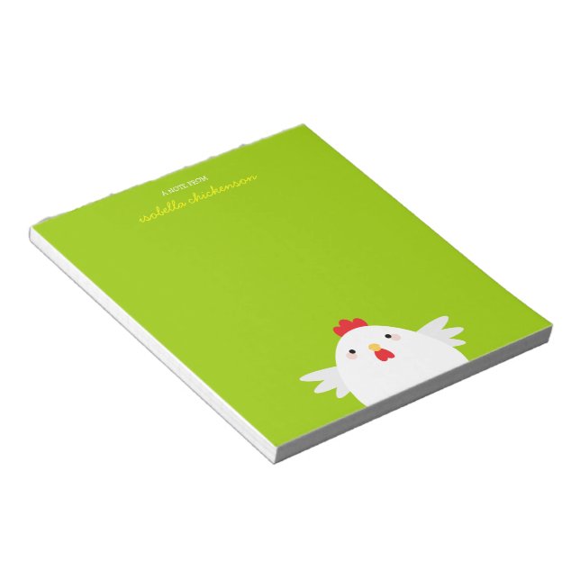 White Chicken on Green Personalizable Notepad (Angled)