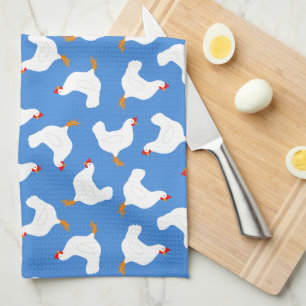 White Chickens on Blue Tea Towel