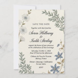 White Chicory, Blue Clematis, Botanical Foliage, F Invitation