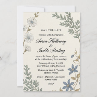 White Chicory, Blue Clematis, Botanical Foliage, F Invitation