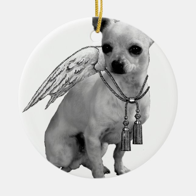 White Chihuahua Angel Wings Ceramic Tree Decoration (Front)