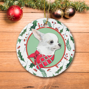 White Chihuahua Dog Holly Border Ceramic Ornament