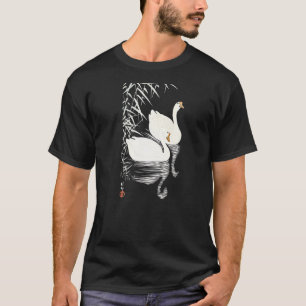 White Chinese Geese Swimming By Reeds Chinese Art T-Shirt