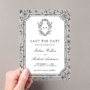 White Chinoiserie Crest Wedding Save the Date Acrylic Invitations
