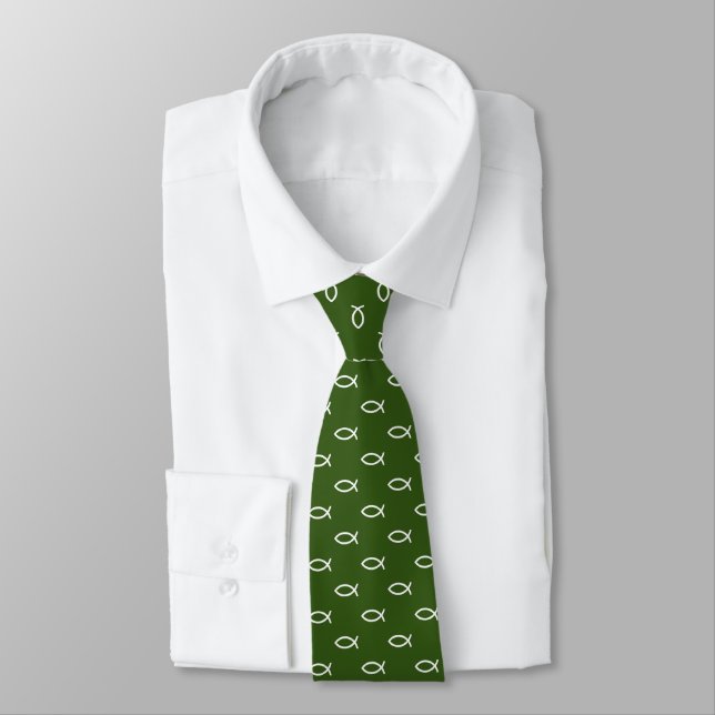 White Christian Fish Symbol Pattern | Green Tie (Tied)