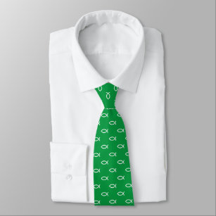 White Christian Fish Symbol Pattern   Green Tie