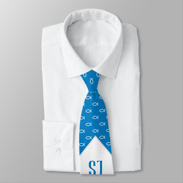 White Christian Fishes | Initials Sky Blue Tie (Tied)