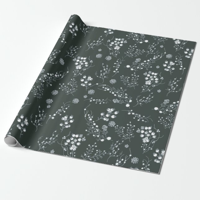 White Christmas berries pattern on velvet green Wrapping Paper (Unrolled)