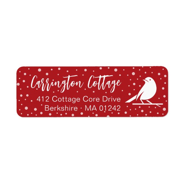 White Christmas Bird. Red Holiday Return Address Label (Front)