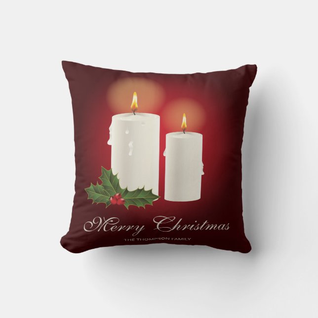 White Christmas Candles On Red With Custom Text Cushion (Front)