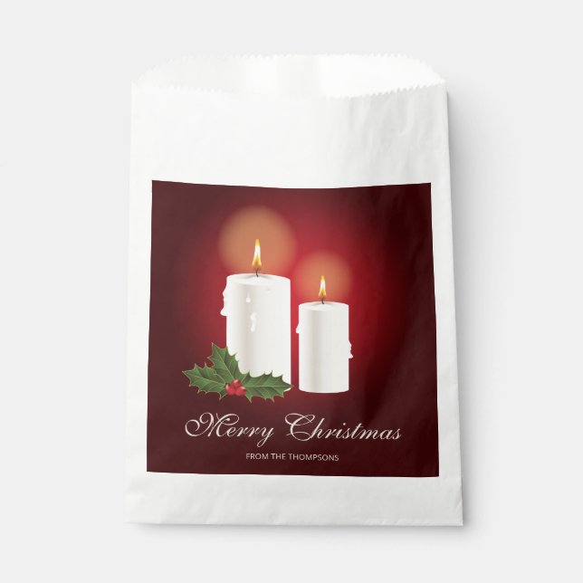 White Christmas Candles On Red With Custom Text Favour Bag (Front)