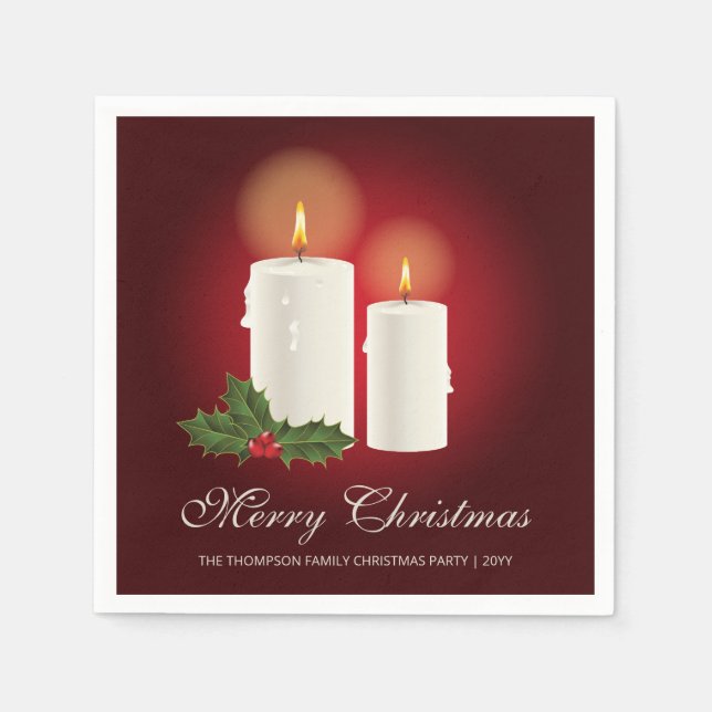White Christmas Candles On Red With Custom Text Napkin (Front)