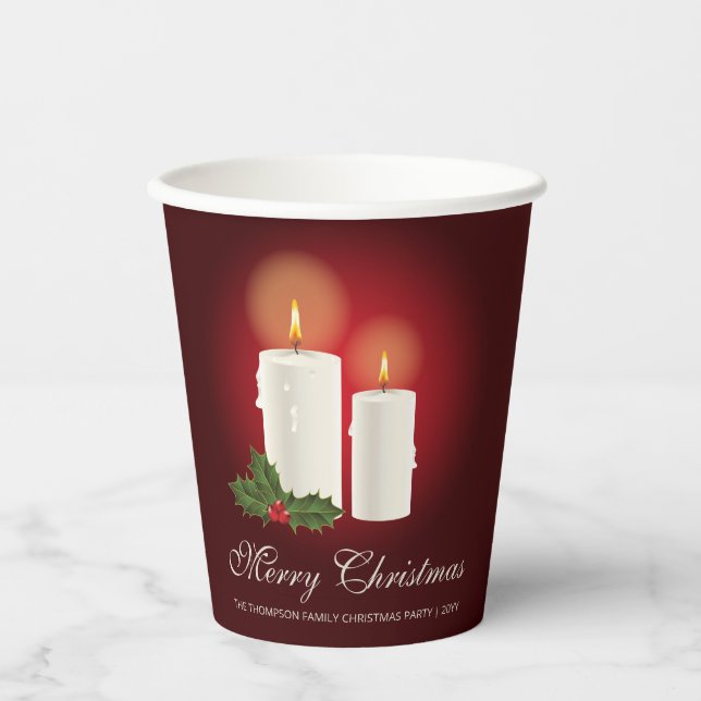 White Christmas Candles On Red With Custom Text Paper Cups (Front)