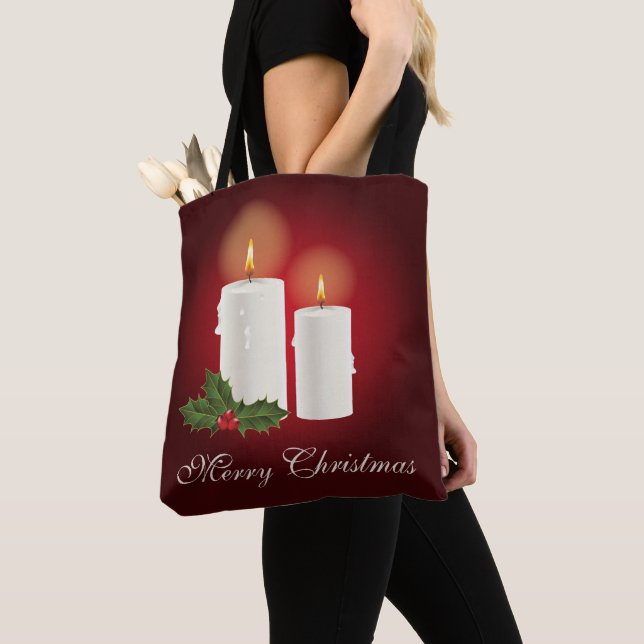 White Christmas Candles On Red With Custom Text Tote Bag (Close Up)