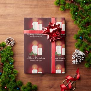 White Christmas Candles On Red With Custom Text Wrapping Paper