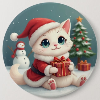 White Christmas Cat Button