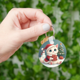 White Christmas Cat Button Key Ring