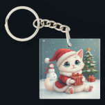 White Christmas Cat Button Key Ring<br><div class="desc">White Christmas Cat Button</div>