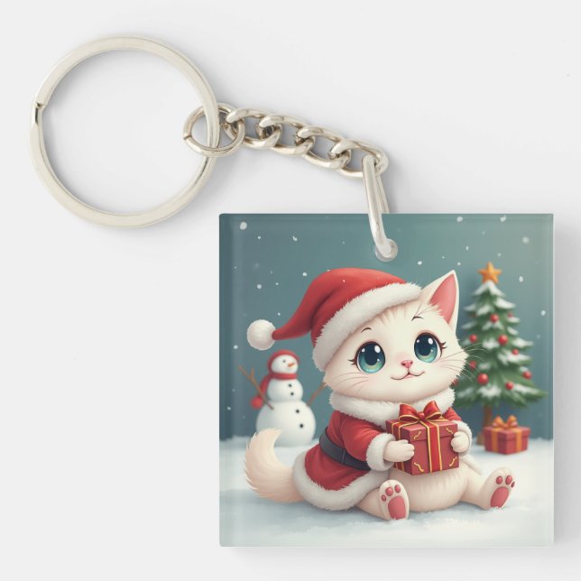 White Christmas Cat Button Key Ring (Front)