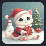 White Christmas Cat Button Square Sticker<br><div class="desc">White Christmas Cat Button</div>